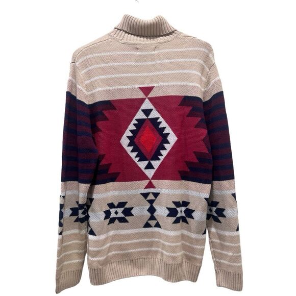 Unisex Aztec Tribal Fair Isle Turtleneck Beige Pullover Sweater - Picture 6 of 9